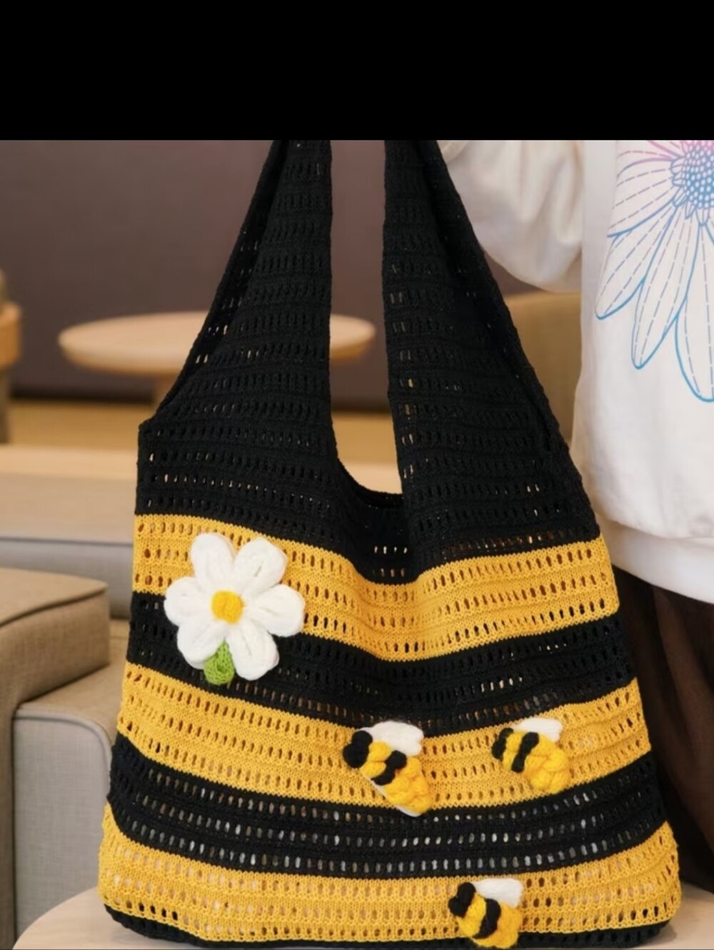 Handcrafted Black & Yellow Crochet Bee Tote Bag.
